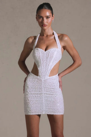 Embellished Cut-Out Halterneck Mini Dress in White