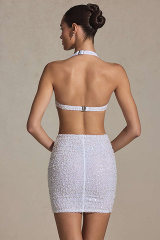 Embellished Cut-Out Halterneck Mini Dress in White