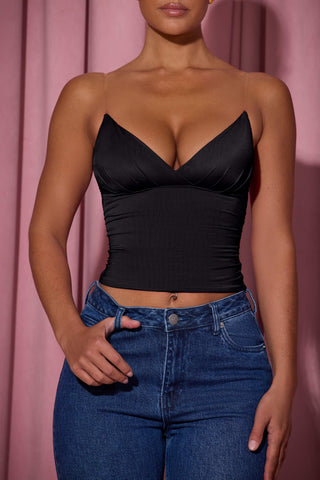 Ruched Plunge-Neck Camisole Top in Black