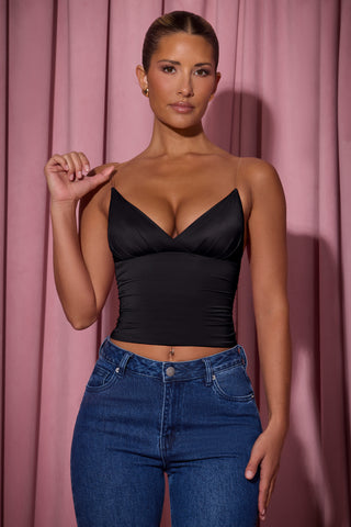 Ruched Plunge-Neck Camisole Top in Black