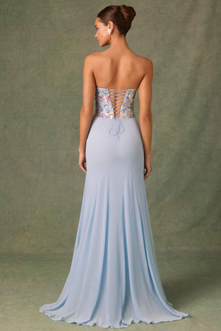 Embellished Corset Fishtail Gown in Floral Blue
