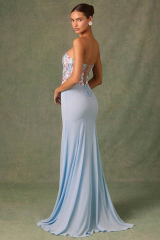 Embellished Corset Fishtail Gown in Floral Blue