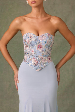 Embellished Corset Fishtail Gown in Floral Blue
