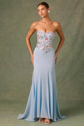 Embellished Corset Fishtail Gown in Floral Blue