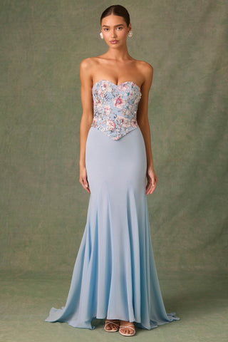 Embellished Corset Fishtail Gown in Floral Blue