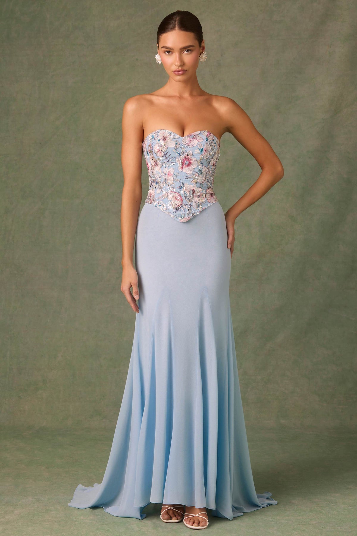 Embellished Corset Fishtail Gown in Floral Blue