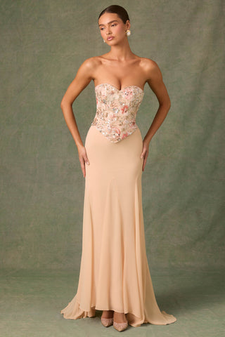 Embellished Corset Fishtail Gown in Floral Beige