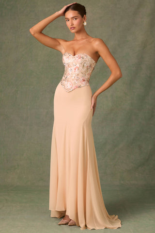 Embellished Corset Fishtail Gown in Floral Beige