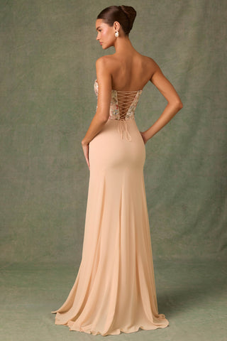 Embellished Corset Fishtail Gown in Floral Beige