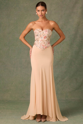 Embellished Corset Fishtail Gown in Floral Beige