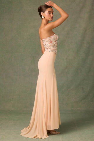 Embellished Corset Fishtail Gown in Floral Beige