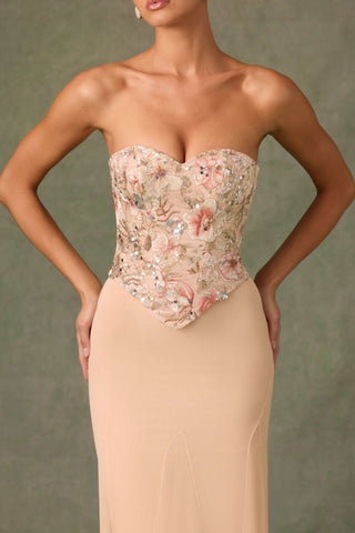 Embellished Corset Fishtail Gown in Floral Beige
