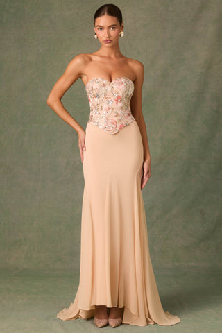 Embellished Corset Fishtail Gown in Floral Beige