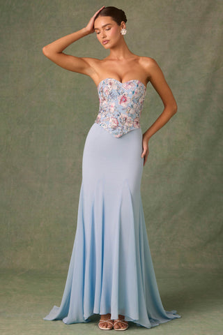 Embellished Corset Fishtail Gown in Floral Blue