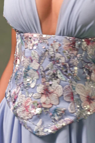 Embellished Ruffled Corset Mini Dress in Floral Blue