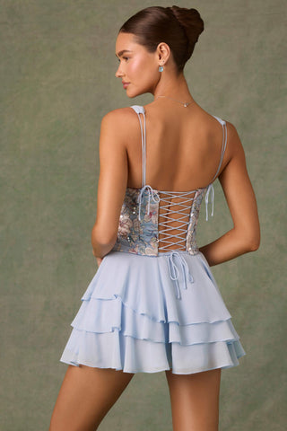 Embellished Ruffled Corset Mini Dress in Floral Blue