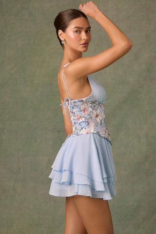 Embellished Ruffled Corset Mini Dress in Floral Blue