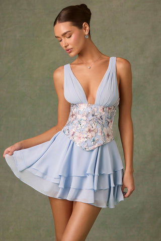 Embellished Ruffled Corset Mini Dress in Floral Blue