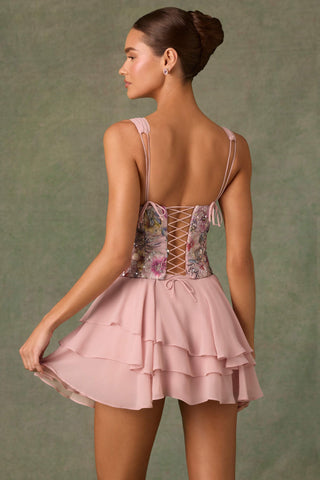 Embellished Ruffled Corset Mini Dress in Floral Pink