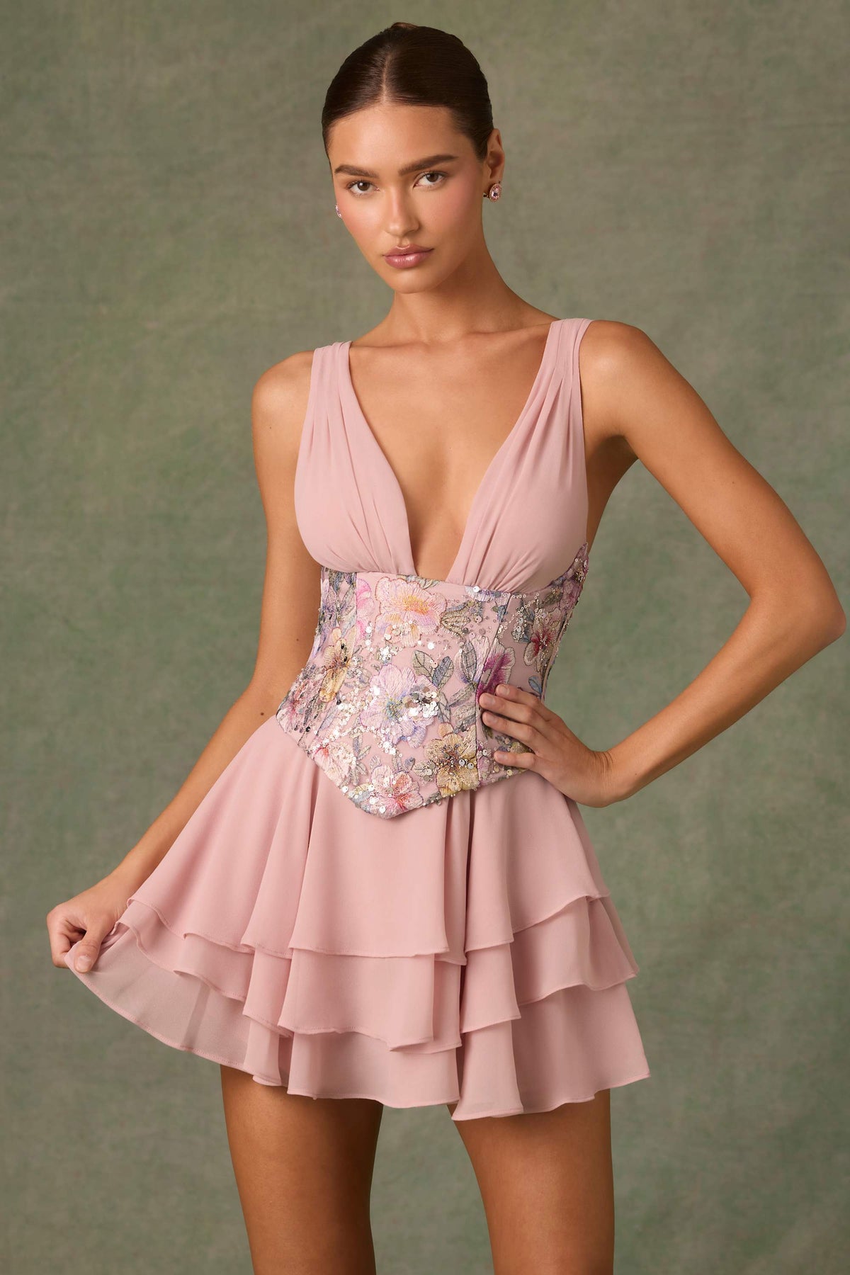 Embellished Ruffled Corset Mini Dress in Floral Pink