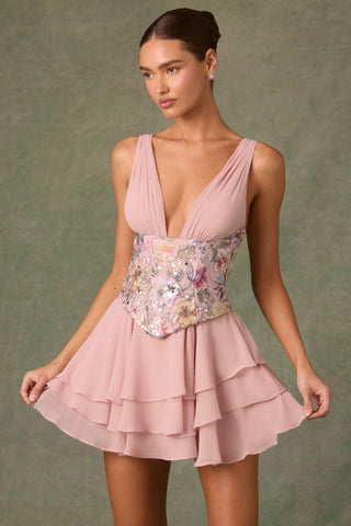 Embellished Ruffled Corset Mini Dress in Floral Pink