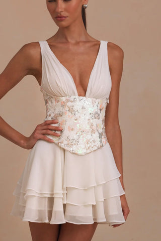 Embellished Ruffled Corset Mini Dress in Ivory