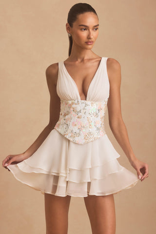 Embellished Ruffled Corset Mini Dress in Ivory