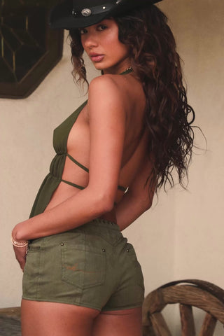 Lace-Up Mid-Rise Shorts in Dark Khaki