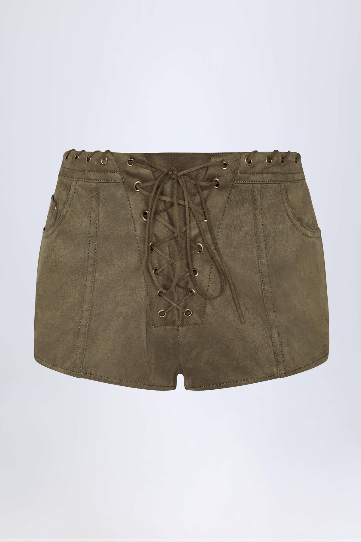 Lace-Up Mid-Rise Shorts in Dark Khaki