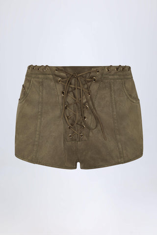 Lace-Up Mid-Rise Shorts in Dark Khaki
