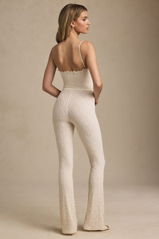 Bow-Detail Lace Flared Jumpsuit in Ivory