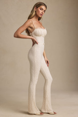 Bow-Detail Lace Flared Jumpsuit in Ivory