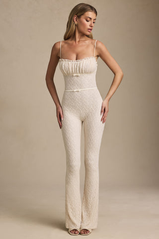 Bow-Detail Lace Flared Jumpsuit in Ivory