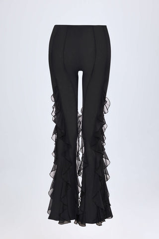 Ruffled Mid-Rise Flared Trousers in Black