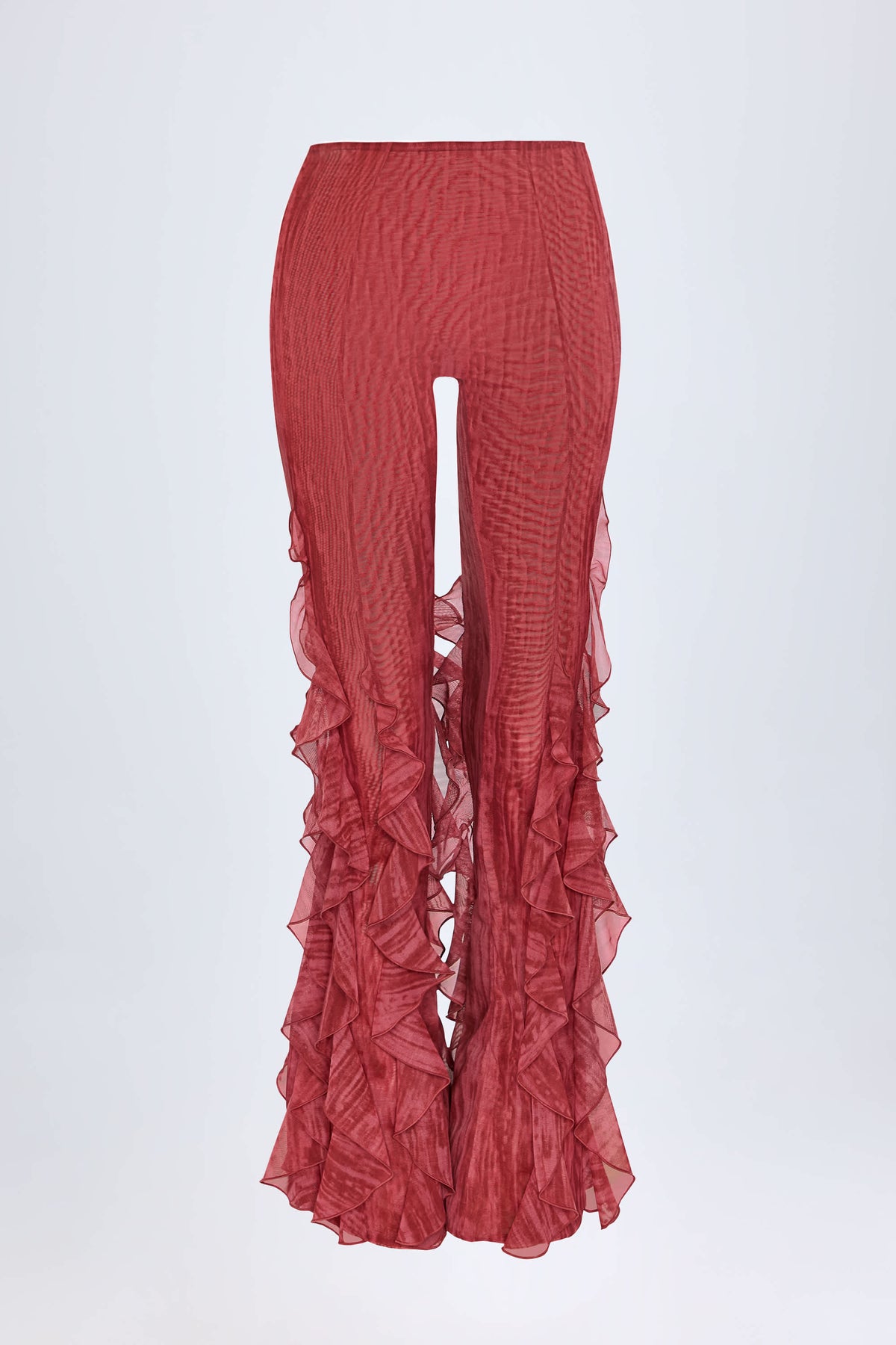 Ruffled Mid-Rise Flared Trousers in Red Print