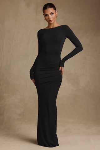 Modal Ruched Backless Maxi Dress in Black