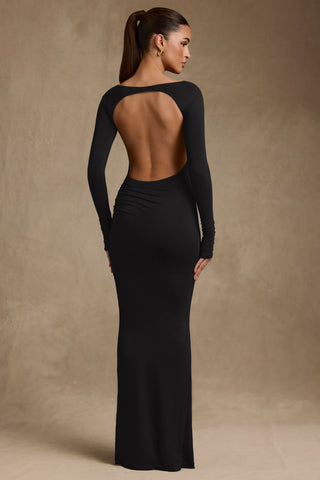 Modal Ruched Backless Maxi Dress in Black