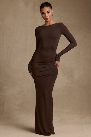 Modal Ruched Backless Maxi Dress in Chocolate Brown
