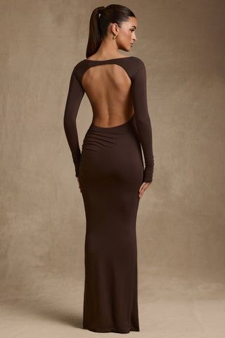 Modal Ruched Backless Maxi Dress in Chocolate Brown