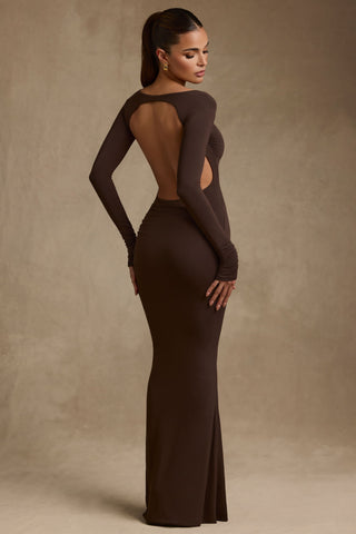 Modal Ruched Backless Maxi Dress in Chocolate Brown