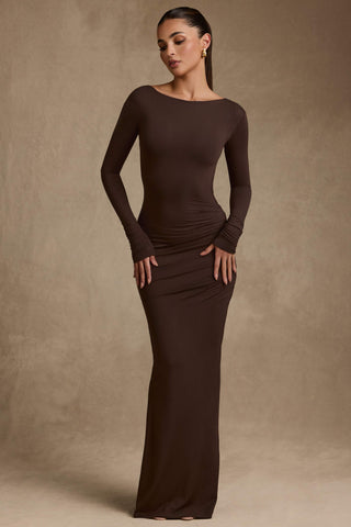 Modal Ruched Backless Maxi Dress in Chocolate Brown
