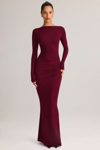 Modal Ruched Backless Maxi Dress in Wine