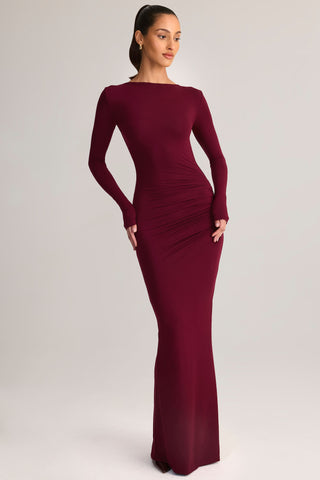 Modal Ruched Backless Maxi Dress in Wine