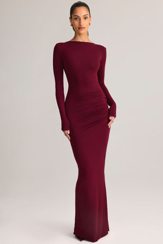 Modal Ruched Backless Maxi Dress in Wine