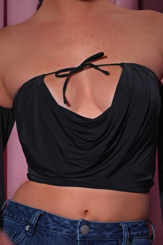 Off-Shoulder Draped Balloon-Sleeve Top in Black