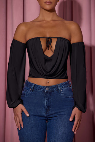 Off-Shoulder Draped Balloon-Sleeve Top in Black