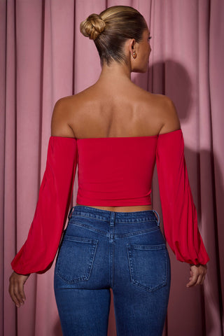Off-Shoulder Draped Balloon-Sleeve Top in Red