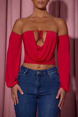 Off-Shoulder Draped Balloon-Sleeve Top in Red