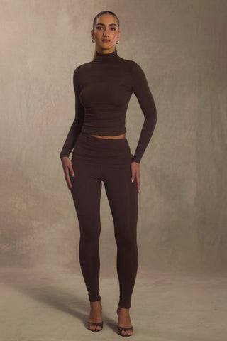 Modal Ruched Mid-Rise Leggings in Chocolate Brown