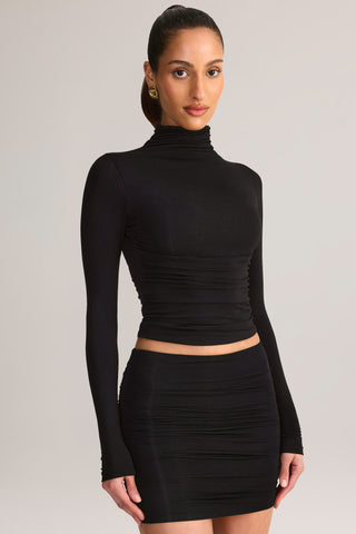 Modal Ruched Backless Turtleneck Top in Black